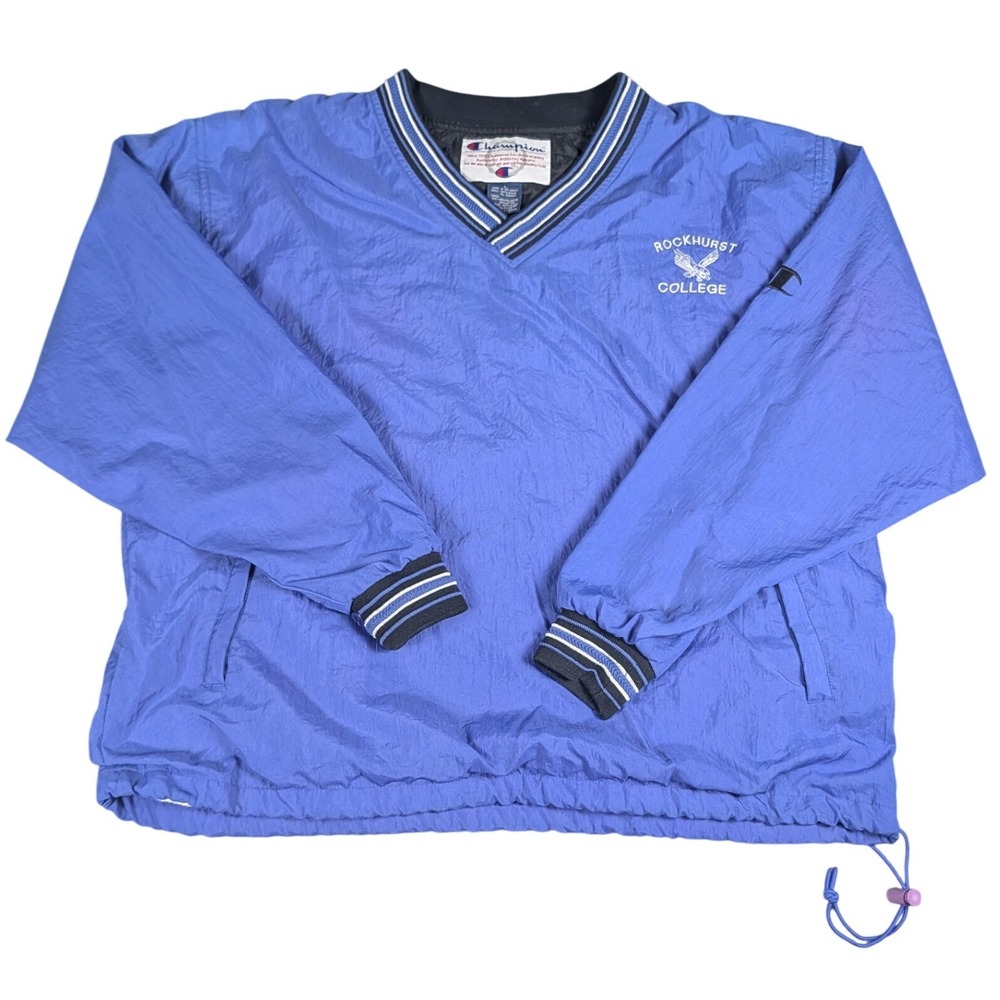 Champion Rockhurst College Hawks Blue V-Neck Windbreaker Pullover Jacket Mens L